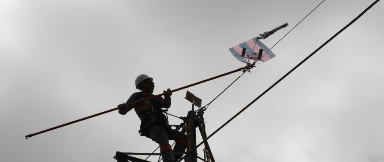Profissional da Enel realiza retirada de pipa da rede elétrica